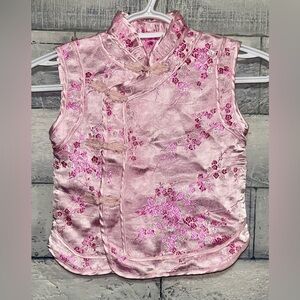Pink Sleeveless Girls Top Floral Jacquard Pattern Frog Fasteners Large (Kids)